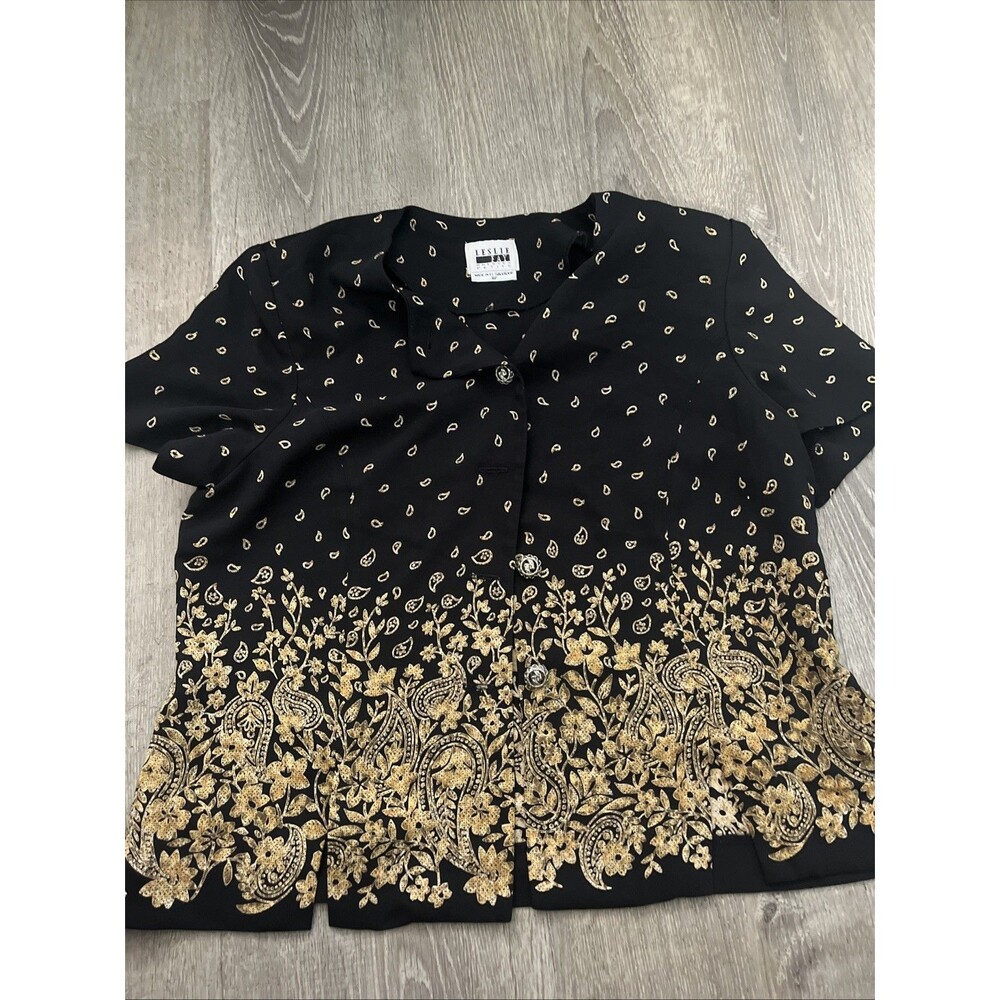 Vintage Leslie Fay Blouse Size 16p Black With Floral Print